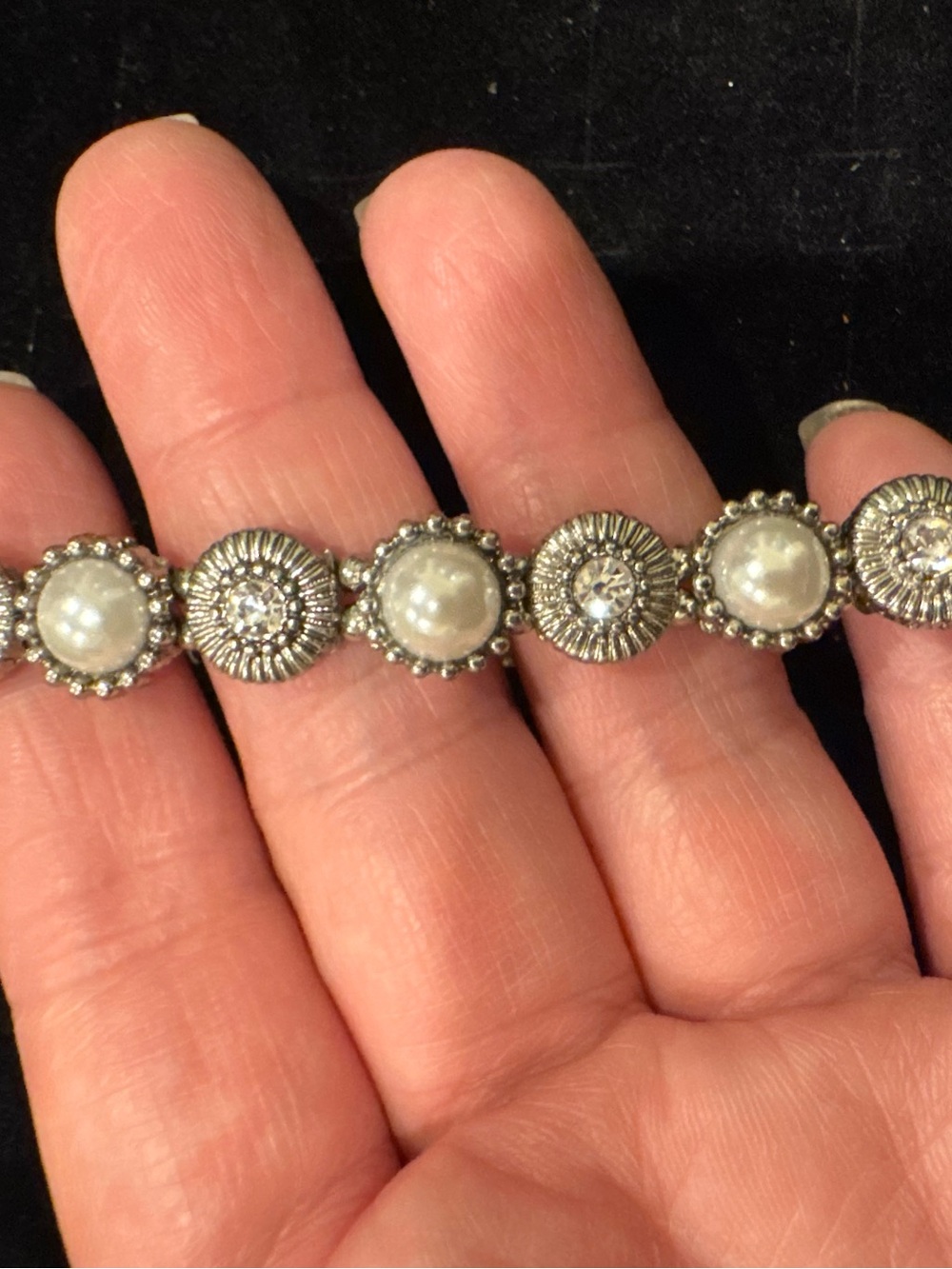 Faux Pearl Rhinestone Link Bracelet Silver Tone Vintage Style Statement Jewelry
